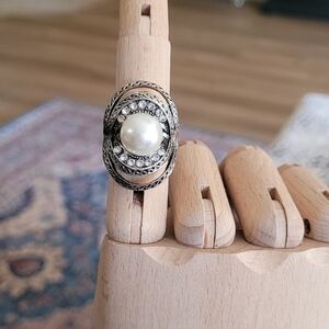 Faux‎ Pearl and Rhinestone Statement Ring
